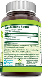 Herbal Secrets Maca 500mg 250 Cápsulas Vegetales | No-GMO | Sin Gluten | Fabricado en USA | Apto para Vegetarianos
