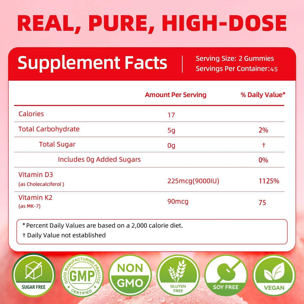 ORGMO Vitamina D3 K2 Gominolas - 9000 UI + 90 mcg MK-7 - Apoyo Óseo y Cardiovascular - Vegano Sin Azúcar - 90 unidades