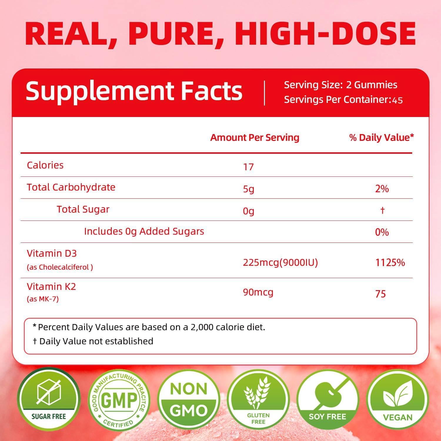 ORGMO Vitamina D3 K2 Gominolas - 9000 UI + 90 mcg MK-7 - Apoyo Óseo y Cardiovascular - Vegano Sin Azúcar - 90 unidades