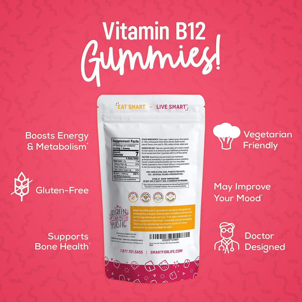 Smart for Life Gomitas de Vitamina B12 - 1500 mcg - Sabor Frambuesa - 60 unidades