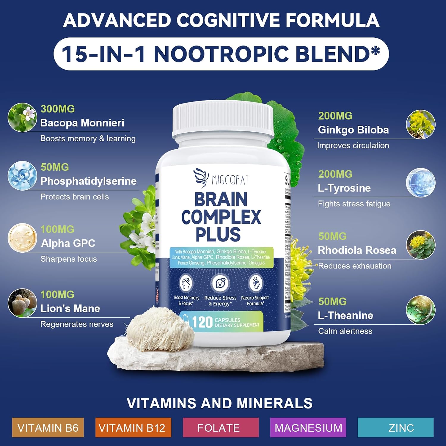 Suplemento Cerebral con Bacopa Monnieri, Lion's Mane y Alpha GPC - Apoya Memoria y Concentración - 120 Cápsulas
