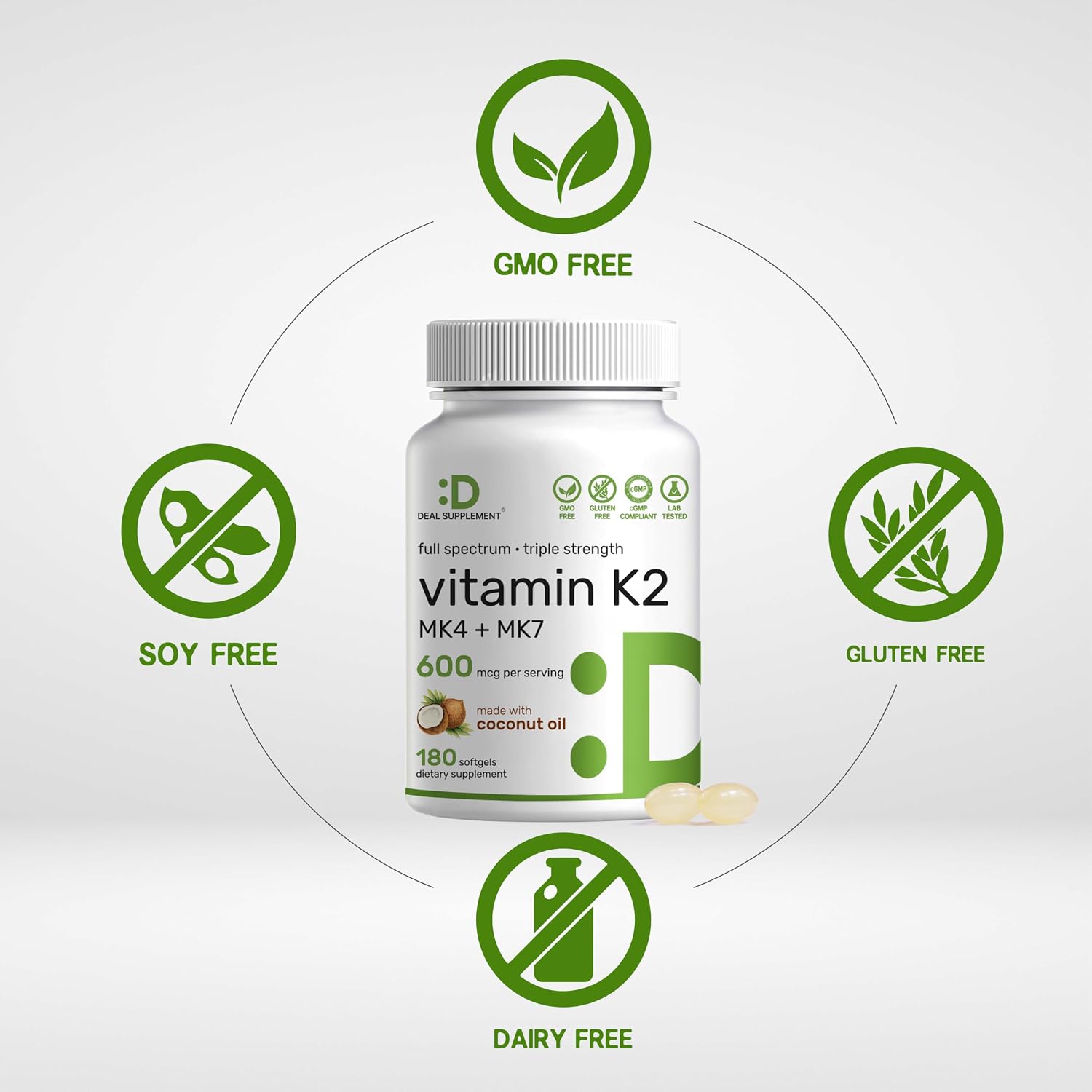 Vitamina K2 600mcg con MK-7 y MK-4, 180 Cápsulas de Aceite de Coco