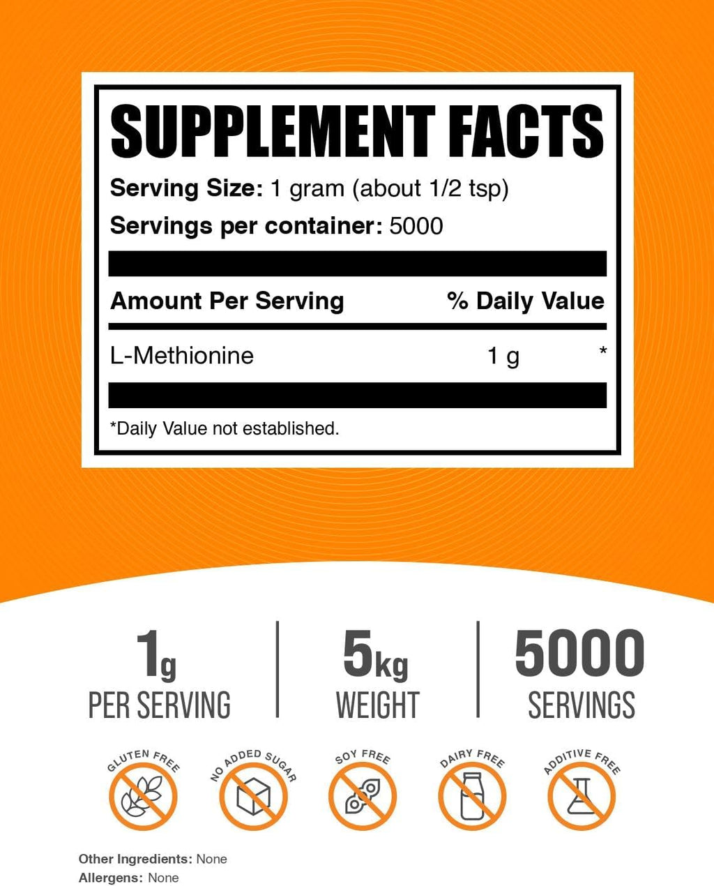 BulkSupplements.com L-Metionina en Polvo - Suplemento de Aminoácidos Esenciales - 5 kg