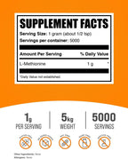 BulkSupplements.com L-Metionina en Polvo - Suplemento de Aminoácidos Esenciales - 5 kg