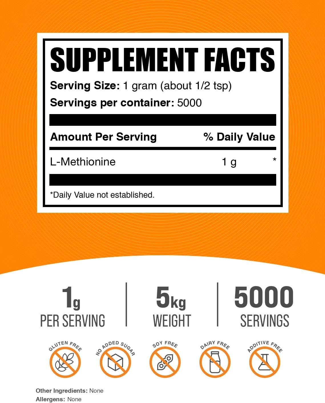 BulkSupplements.com L-Metionina en Polvo - Suplemento de Aminoácidos Esenciales - 5 kg