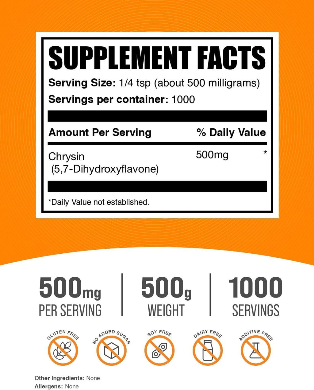 Polvo de Crisina (5,7-Dihidroxiflavona) - Suplemento Antioxidante - 500 mg por ración, 500 g