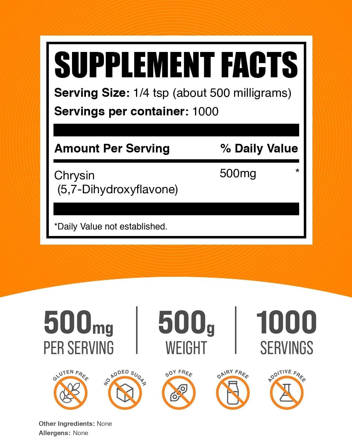 Polvo de Crisina (5,7-Dihidroxiflavona) - Suplemento Antioxidante - 500 mg por ración, 500 g