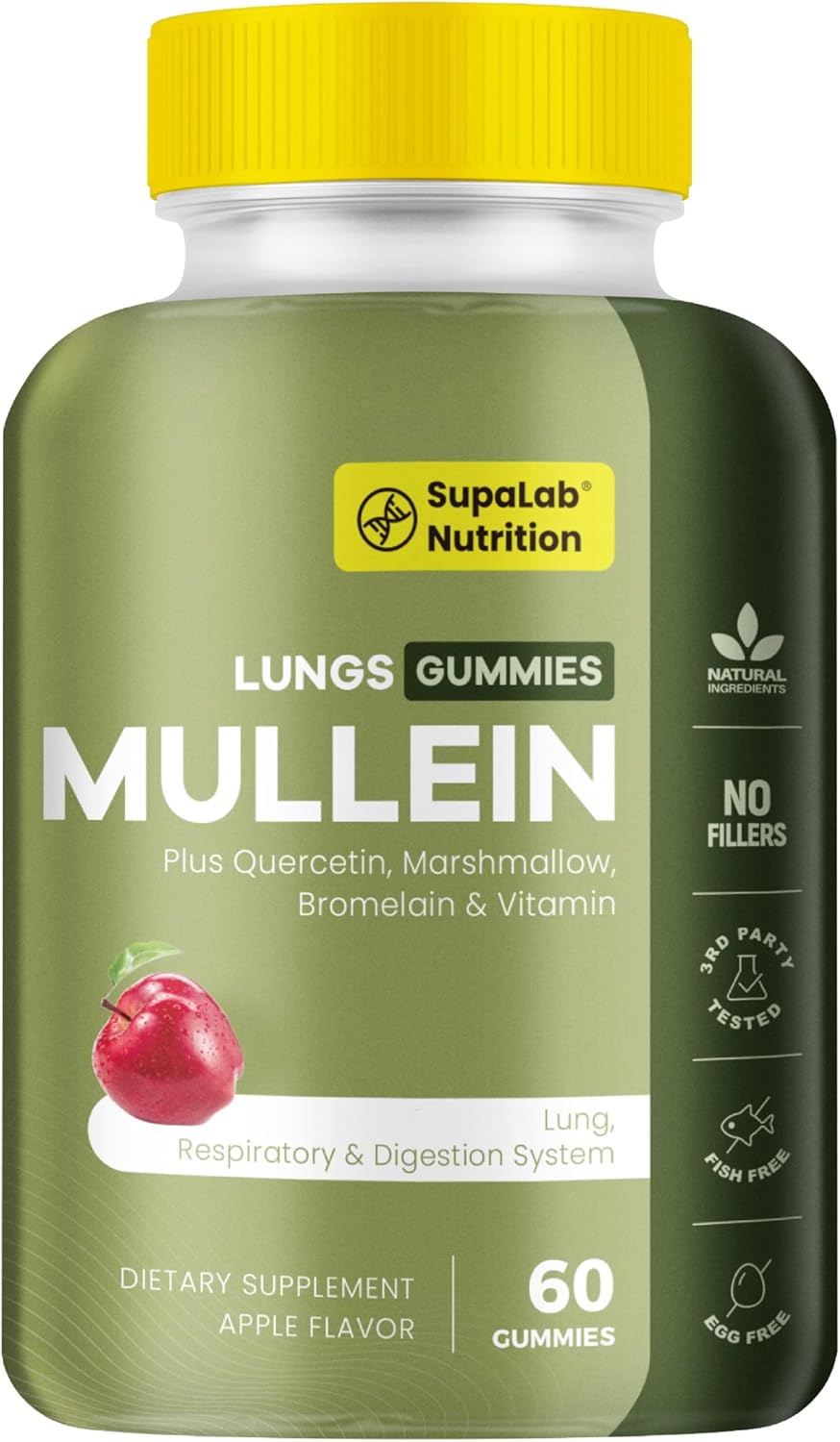 Natural Mullein Lung Cleanse Gummies | Equilibrio saludable de mucosidad, Apoyo inmunitario | Sabor a manzana, 60 gominolas