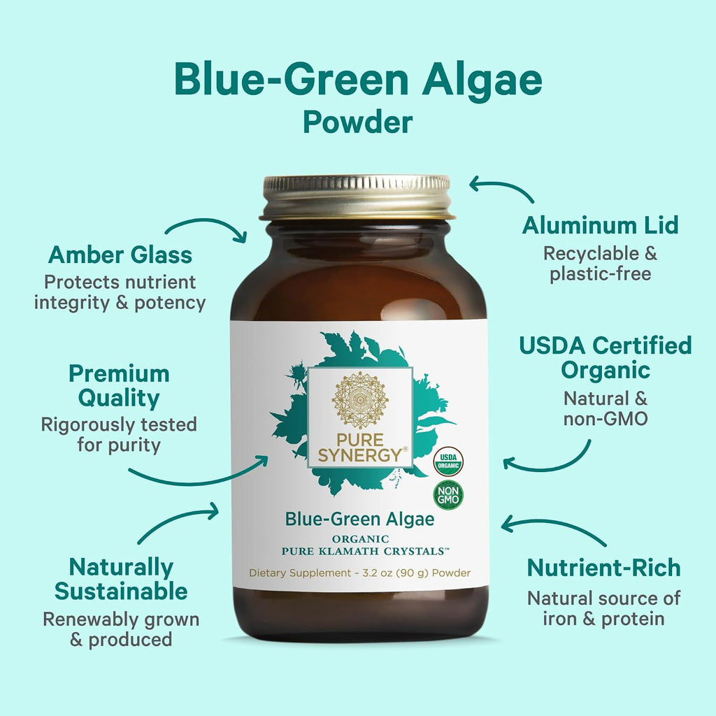 PURE SYNERGY Polvo de Alga Verde Azul | Superalimento con Clorofila | Suplemento Orgánico de AFA | Energía, Claridad Mental y Desintoxicación (90 g)