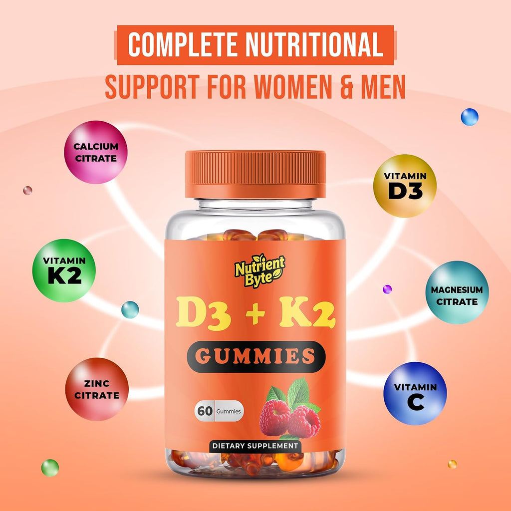 Nutrient Byte Vitamin D3 K2 Gummies – 4000 IU D3 + 140 mcg Mezcla K – Gominolas Veganas sin Gluten – 60 unidades sabor bayas para niños