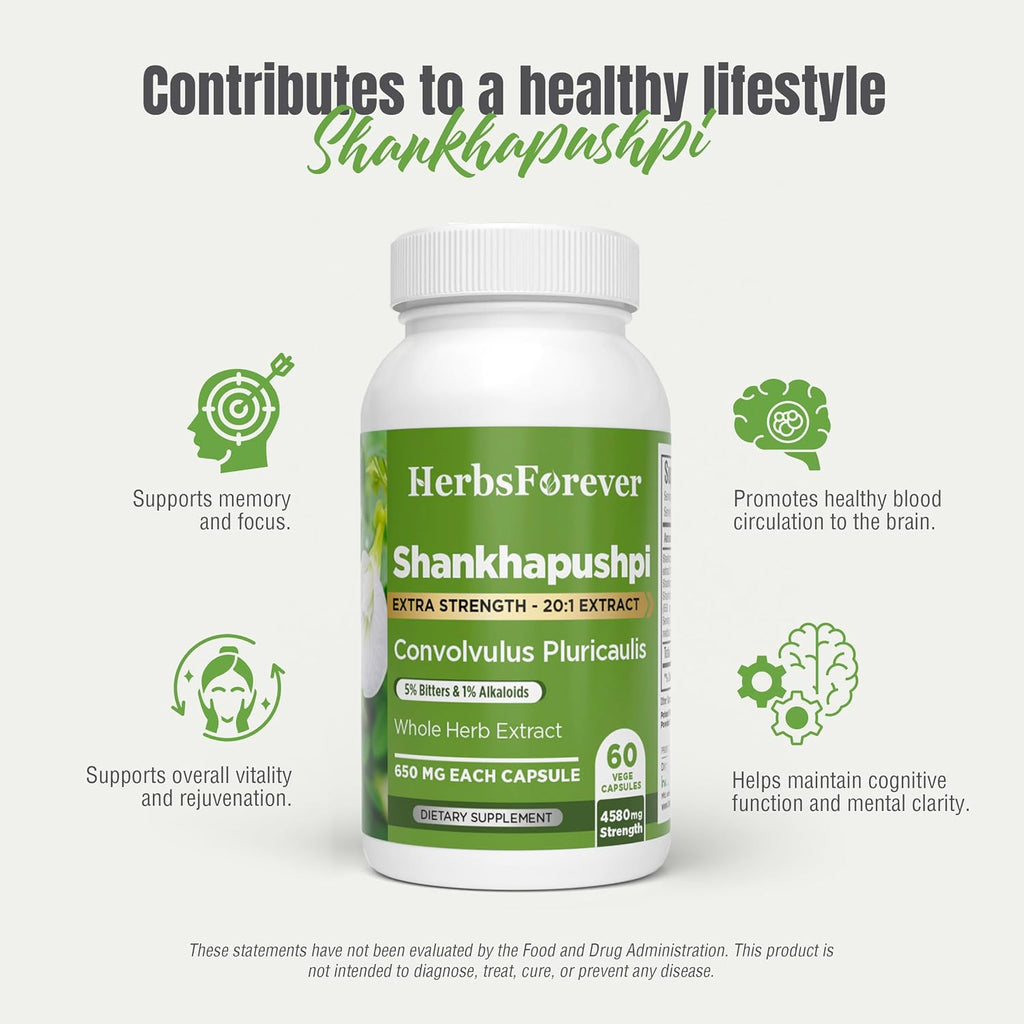 Herbsforever Shankhpushpi (Convolvulus pluricaulis) Extra Strength (20:1) Extract - 60 Cápsulas Vegetarianas