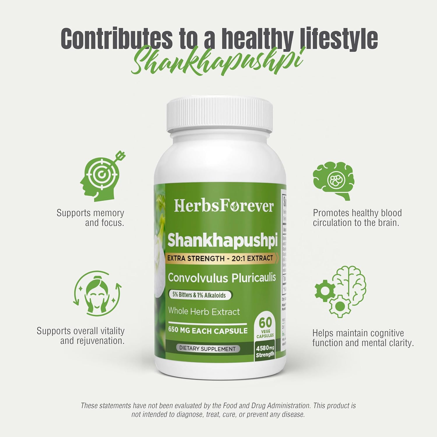 Herbsforever Shankhpushpi (Convolvulus pluricaulis) Extra Strength (20:1) Extract - 60 Cápsulas Vegetarianas