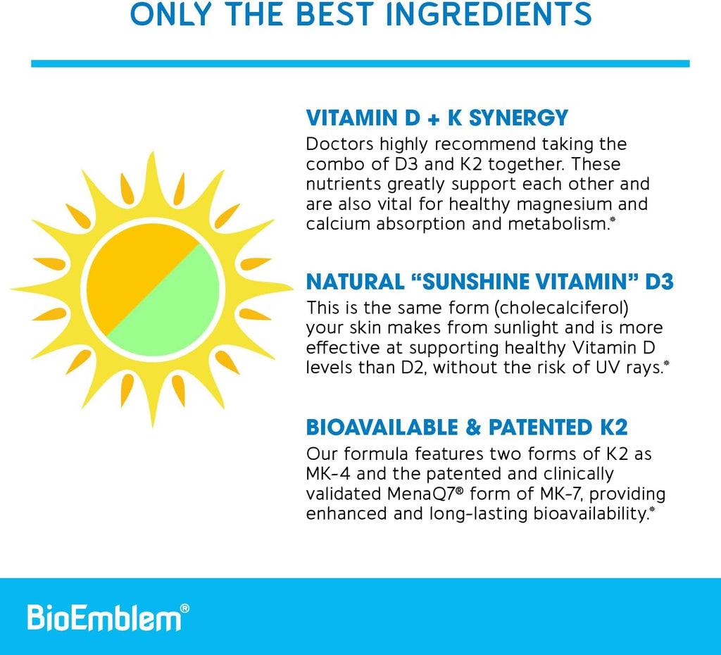 BioEmblem Vitamina D3 K2 Cápsulas - 5000 UI y 200 mcg - MK-7 y MK-4 - 90 Cápsulas