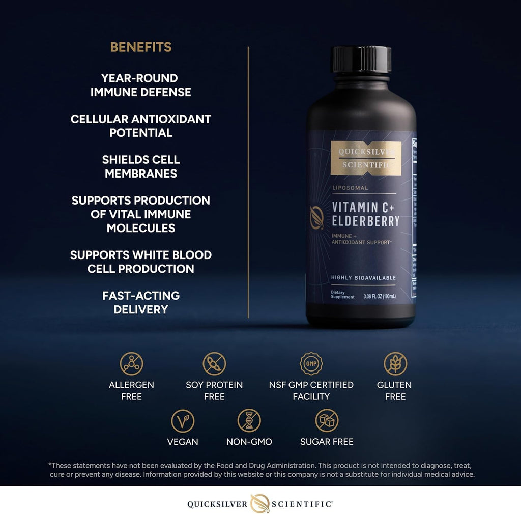 Quicksilver Scientific Liposomal Vitamin C + Elderberry 1000mg - Tónico antioxidante con saúco y tocotrienoles (100 ml)