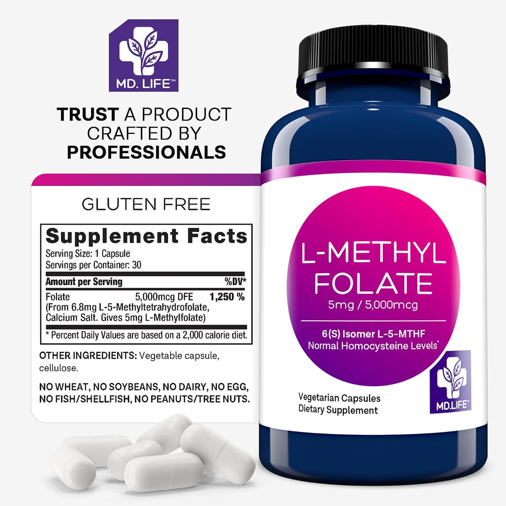 MD Life L-Metilfolato 5 mg - 30 Cápsulas - Complemento de Metilfolato Activo