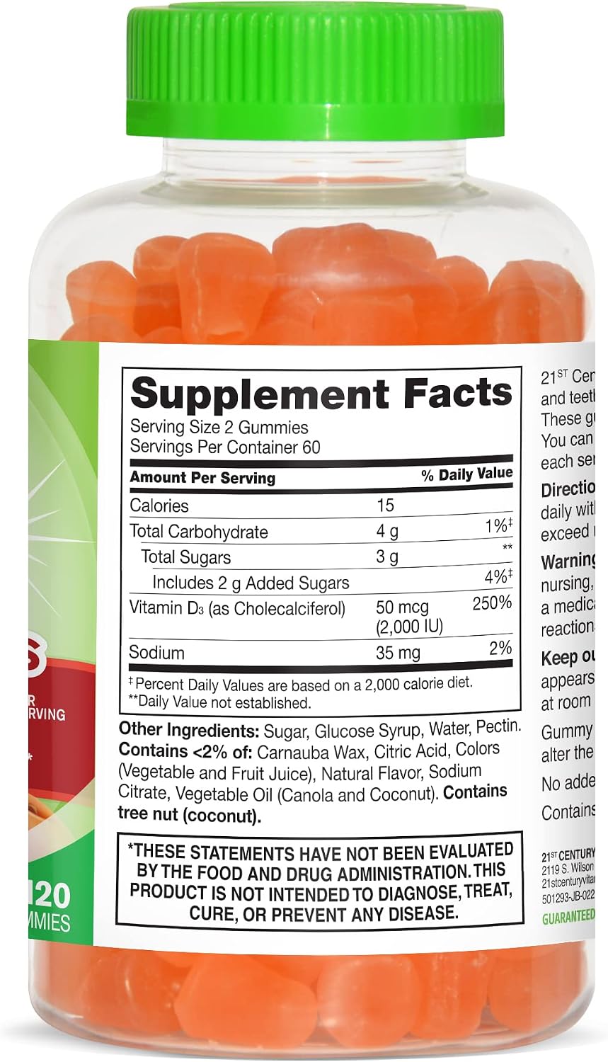 21st Century VitaJoy Vitamina D3 50 mcg (2000 UI) Gominolas, Sabor Melocotón, 120 Unidades