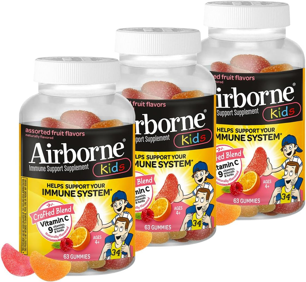 Airborne Vitamina C + Zinc Gominolas para Niños, 500mg, Sabor Frutas Variadas, Sin Gluten, 63 Gominolas (Pack de 3)