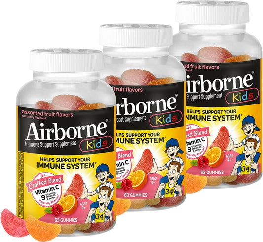 Airborne Vitamina C + Zinc Gominolas para Niños, 500mg, Sabor Frutas Variadas, Sin Gluten, 63 Gominolas (Pack de 3)