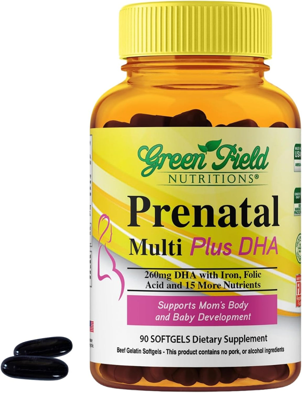 Greenfield Nutritions Vitaminas Prenatales Halal con DHA y Ácido Fólico - Multivitamínico Esencial para el Embarazo con Hierro - 90 Cápsulas Blandas