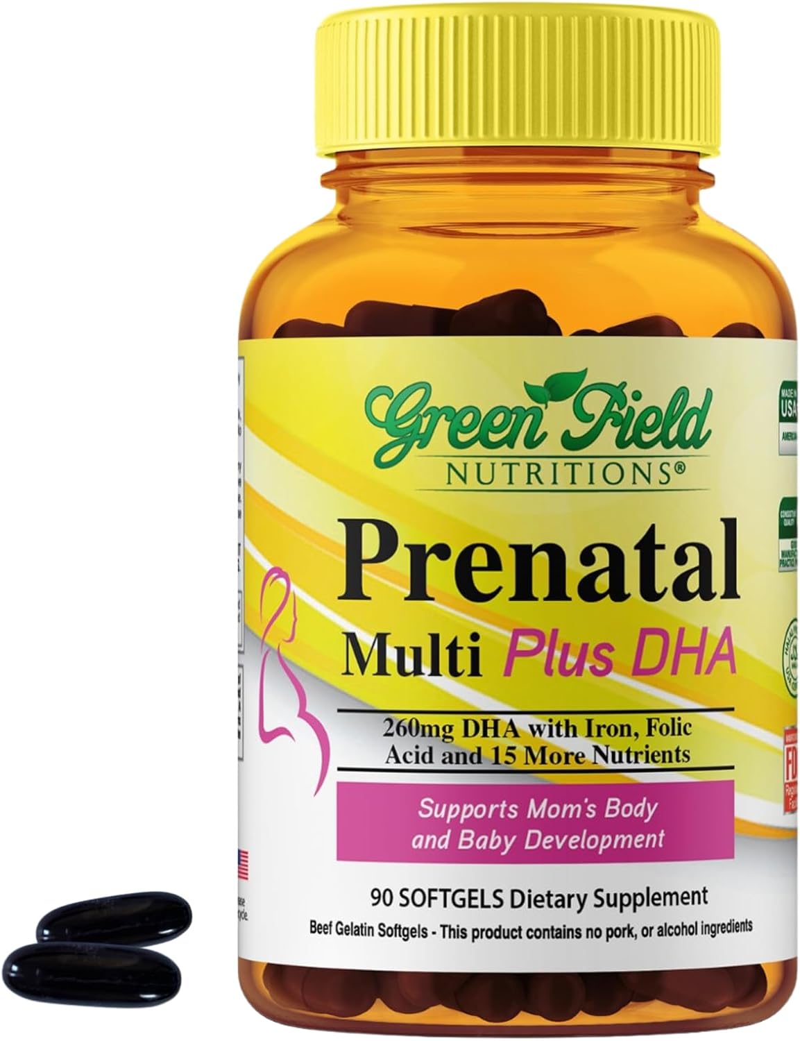 Greenfield Nutritions Vitaminas Prenatales Halal con DHA y Ácido Fólico - Multivitamínico Esencial para el Embarazo con Hierro - 90 Cápsulas Blandas