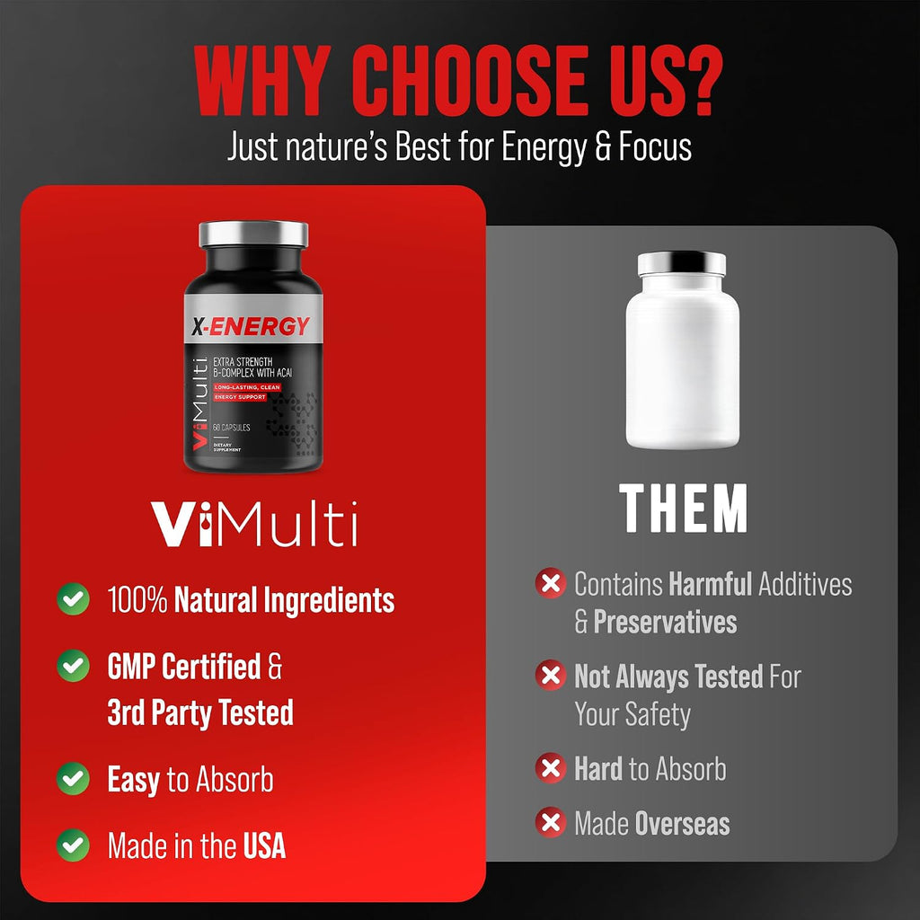 ViMulti X-Energy Complejo de Vitaminas B en Cápsulas con Cafeína, Taurina, Magnesio, Extracto de Acai, Ginseng, Rodiola, Maca, Espirulina, Tongkat Ali, B1, B6, B12, Suplemento Dietético de Folato - 60 Cápsulas
