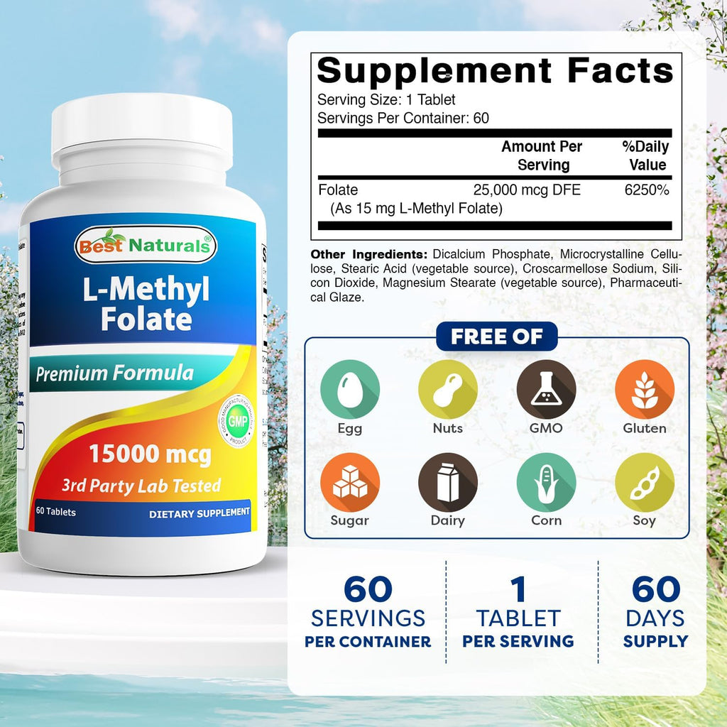 Best Naturals Metilfolato 15000 mcg (15 mg) - 60 Comprimidos - Forma Activa de Ácido Fólico