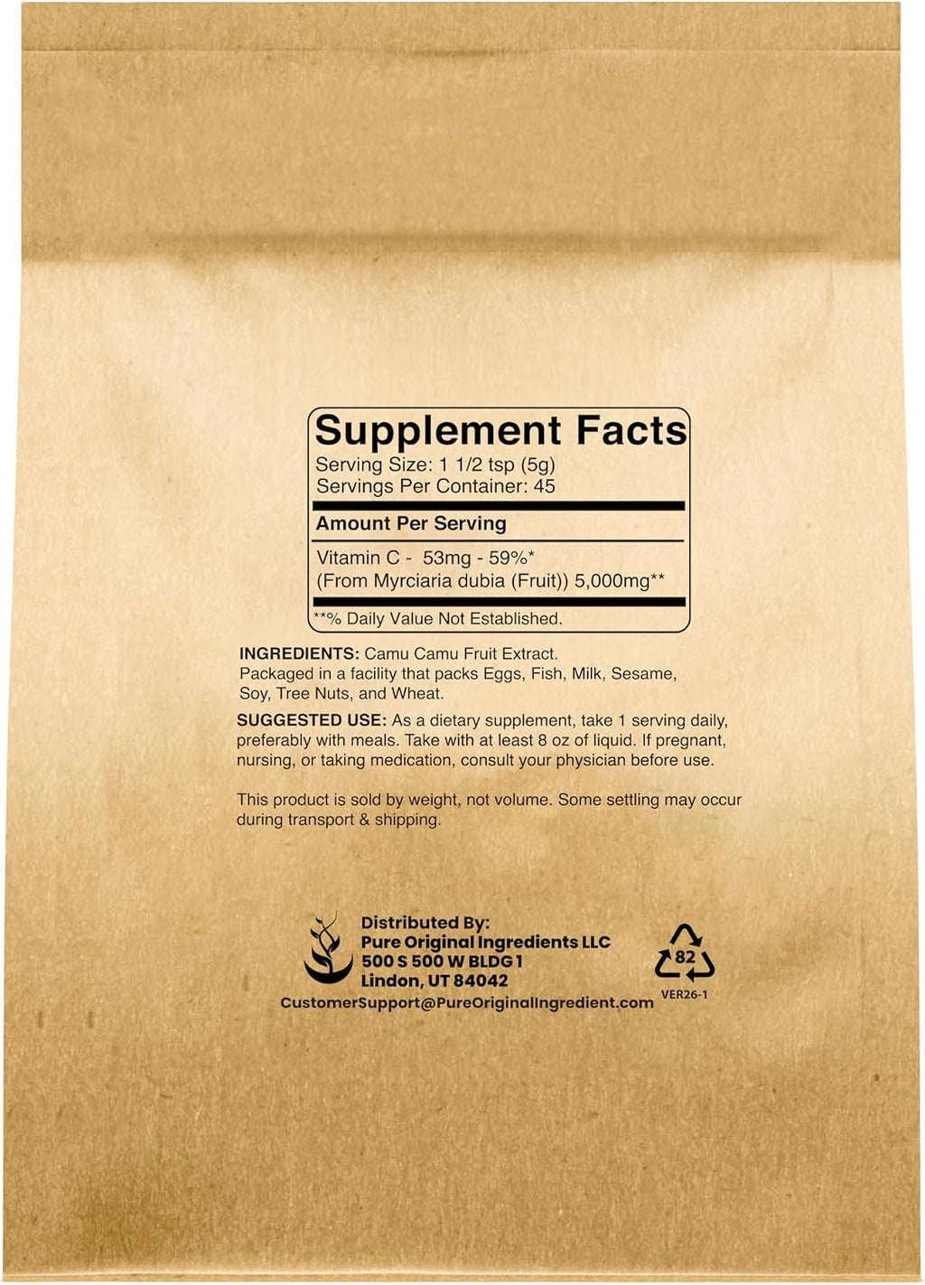 PURE ORIGINAL INGREDIENTS Polvo de Camu Camu - Fuente Natural de Vitamina C (227 g)