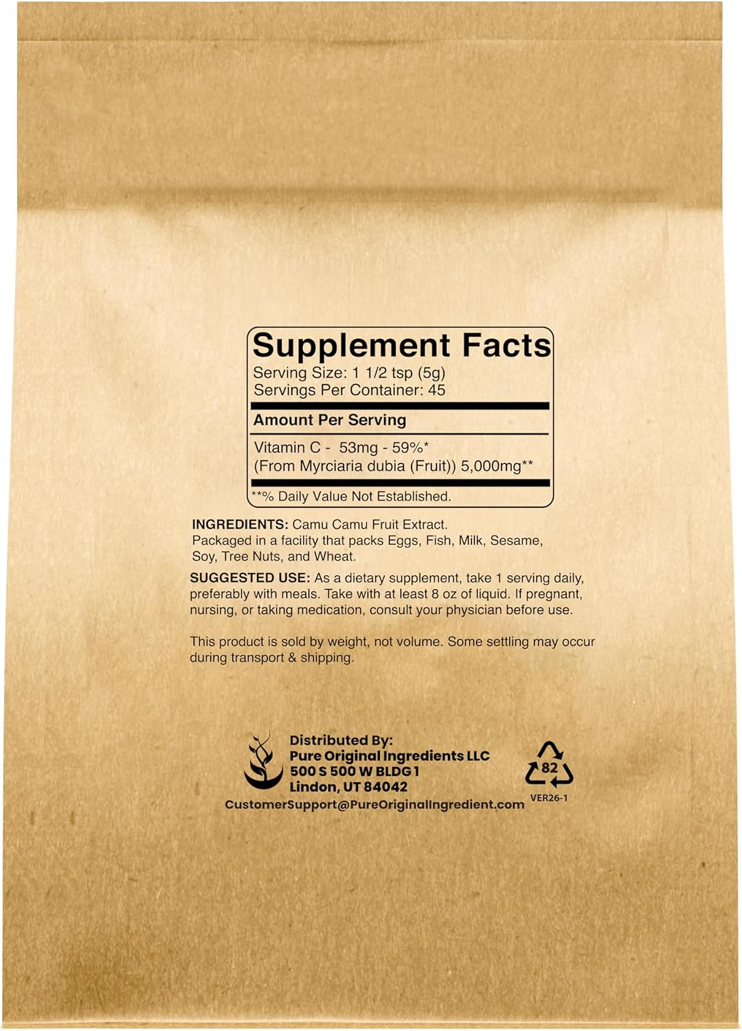 PURE ORIGINAL INGREDIENTS Polvo de Camu Camu - Fuente Natural de Vitamina C (227 g)
