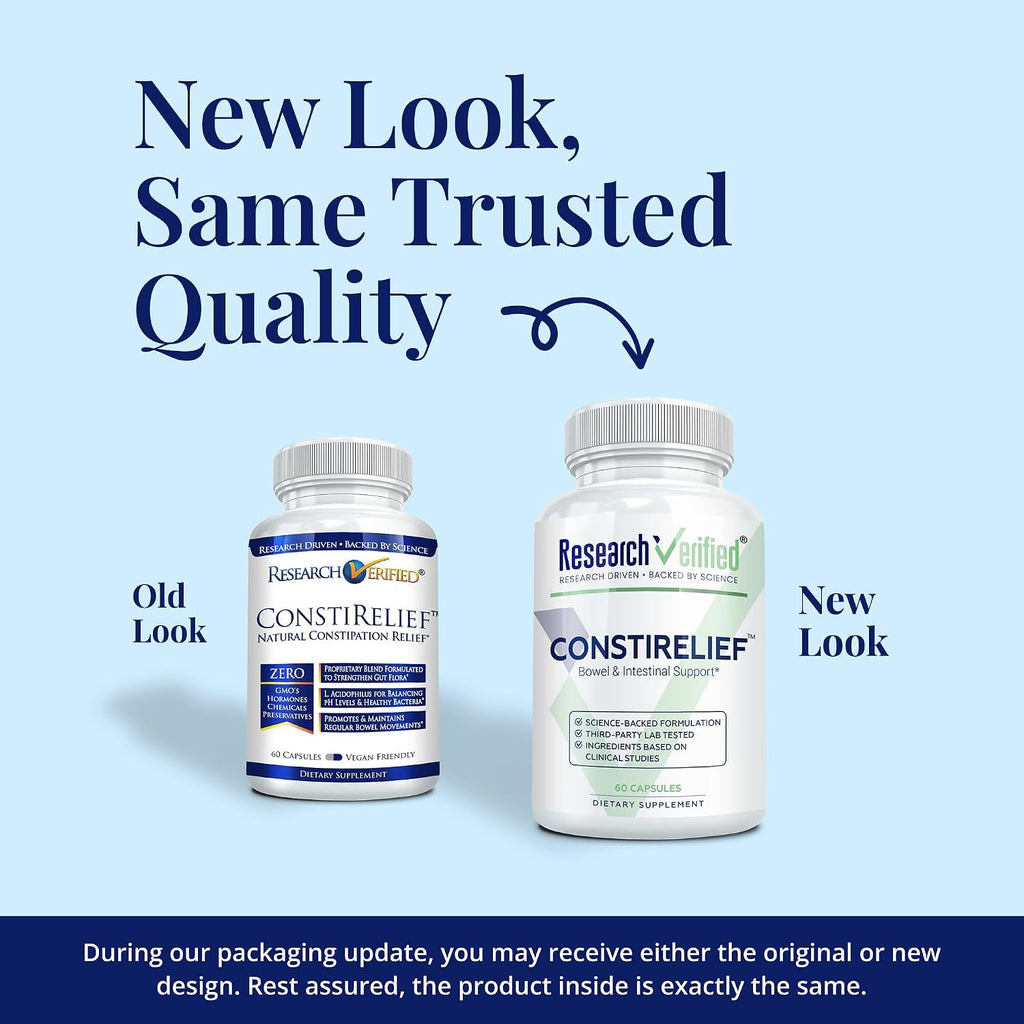 Research Verified ConstiRelief - Suplemento para el estreñimiento con Senna, Psyllium y L. Acidophilus (Pack de 3)