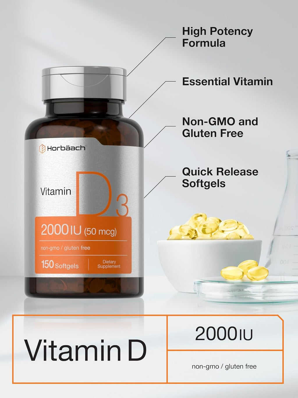 Horbaach Vitamina D3 2000 UI Cápsulas Blandas | 150 Unidades | 50 mcg Colecalciferol | No Transgénico y Sin Gluten