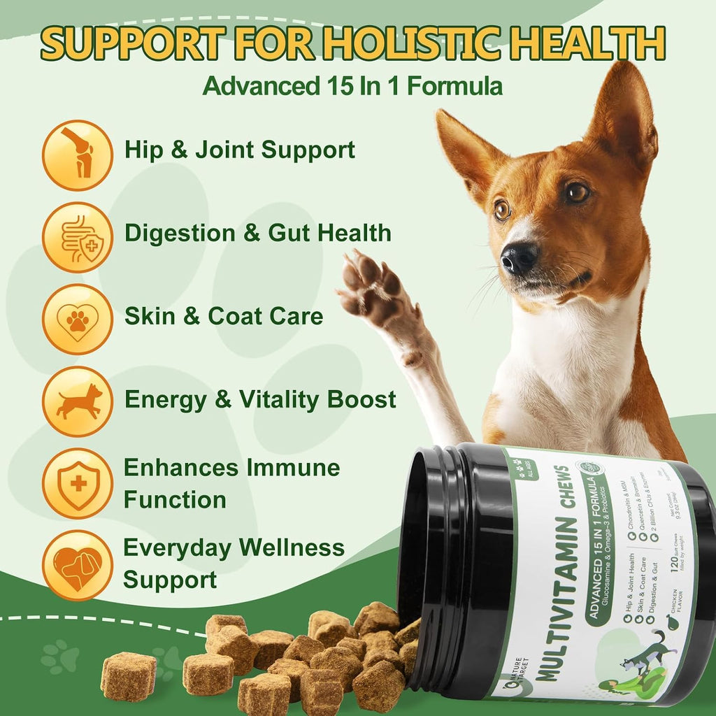 NATURE TARGET Multivitamínico para Perros - con MSM y Glucosamina, Omega 3 y 6, Probióticos para Salud Digestiva, Apoyo Articular, Piel y Pelo, Sistema Inmune y Salud General - 120 Comprimidos Blandos