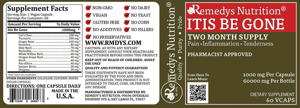 Remedy's Nutrition Itis Be Gone | 1000 mg, 60 Cápsulas Veganas | Complemento Alimenticio Herbal | Dos Meses de Suministro