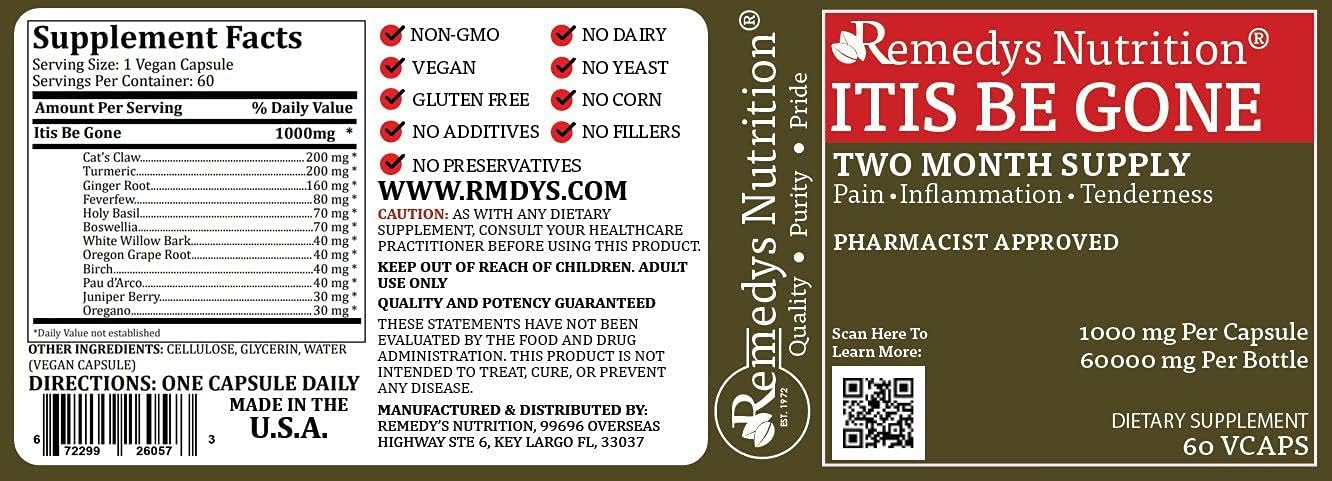 Remedy's Nutrition Itis Be Gone | 1000 mg, 60 Cápsulas Veganas | Complemento Alimenticio Herbal | Dos Meses de Suministro