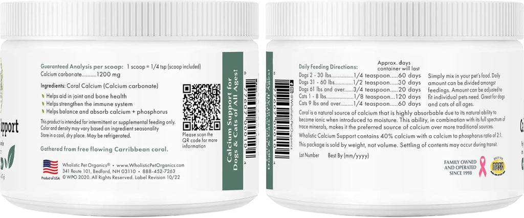 Wholistic Pet Organics Pure Powder Calcium - Calcio en Polvo para Perros y Gatos - 60 Dosis
