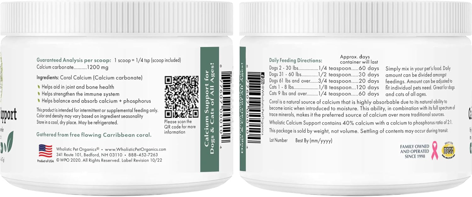 Wholistic Pet Organics Pure Powder Calcium - Calcio en Polvo para Perros y Gatos - 60 Dosis