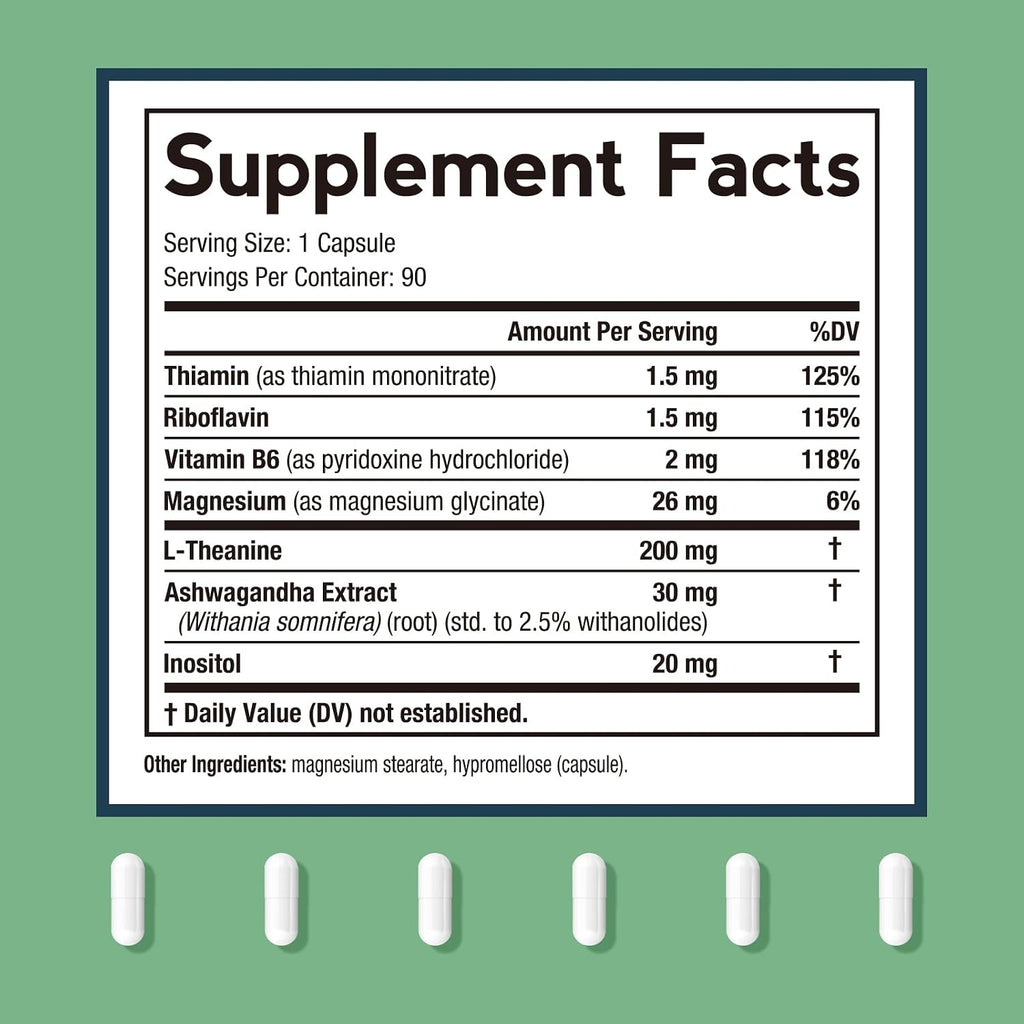 Doctor's Recipes L-Theanine 200 mg con Magnesio Glicinato, Ashwagandha, Inositol y Vitaminas B - 90 Cápsulas