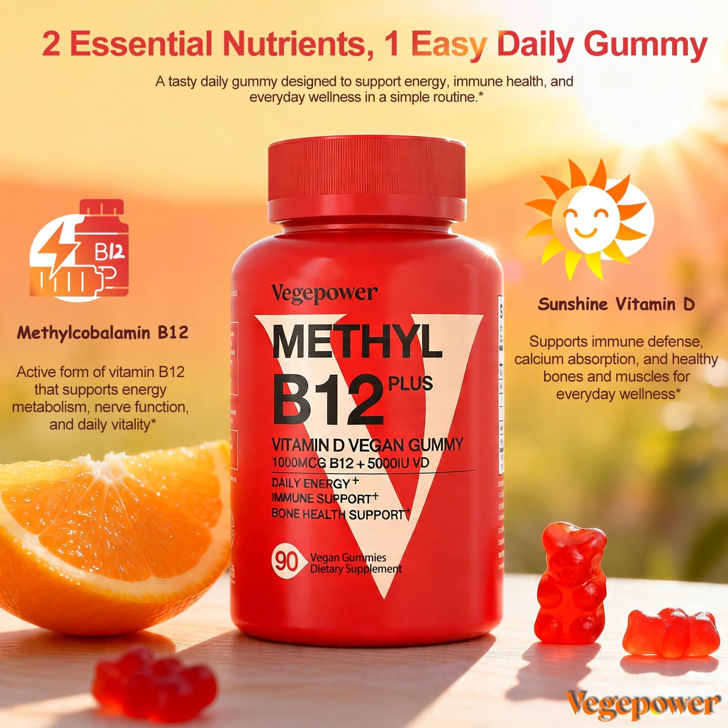 VEGEPOWER Gominolas Veganas de Vitamina D3 y B12, Metilcobalamina, para Adultos y Niños, Sabor Naranja, 90 Gominolas