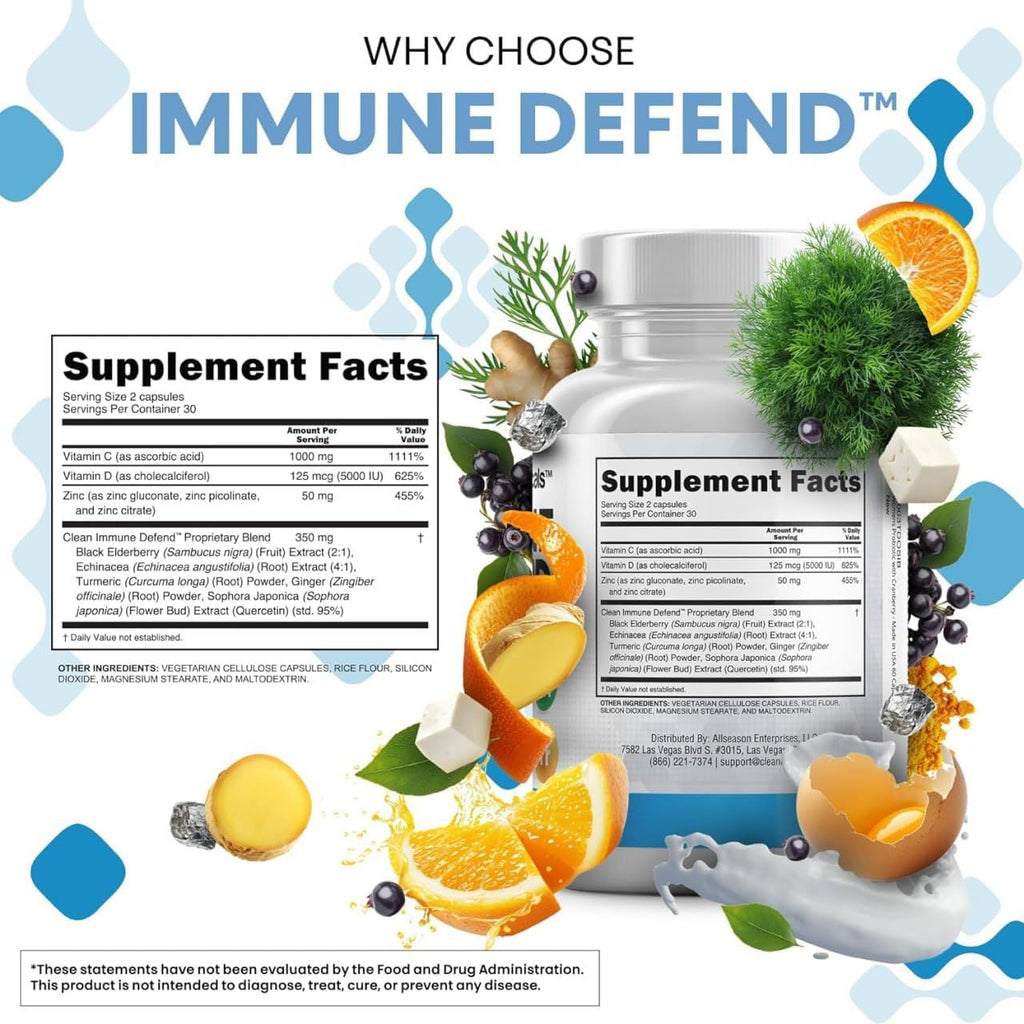 Clean Nutraceuticals Immune Defense Support – Suplemento 8 en 1 con Zinc 50mg, Quercetina, Vitamina C 1000mg, Vitamina D3 5000 UI, Saúco, Jengibre – 60 cápsulas veganas