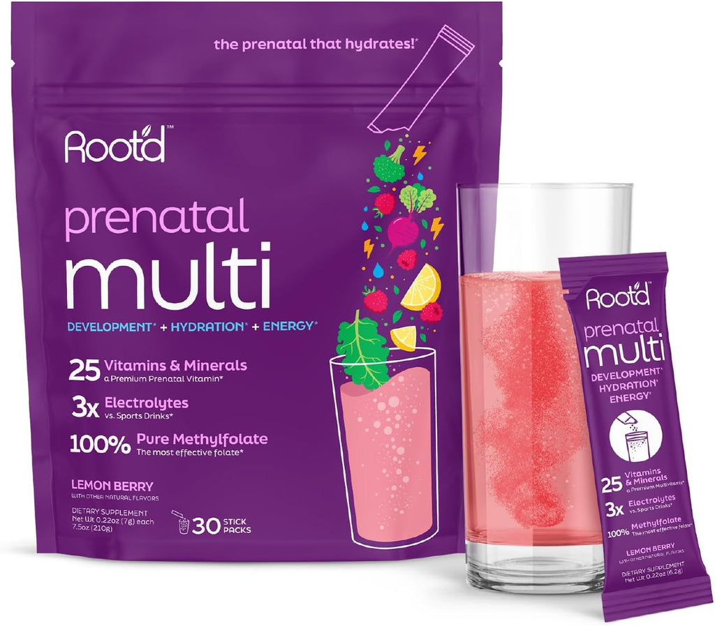 Root'd Vitaminas Prenatales en Polvo - 25 Vitaminas y Minerales con Electrolitos, Folato, Hierro, D3, Superalimentos y Probióticos - 30 Sobres