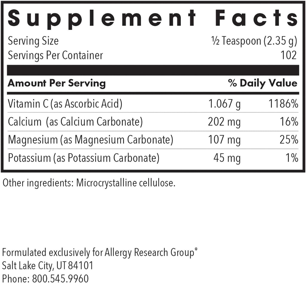 ARG Buffered Vitamin C Powder - Vitamina C Tamponada con Minerales - 102 Porciones - 241 g