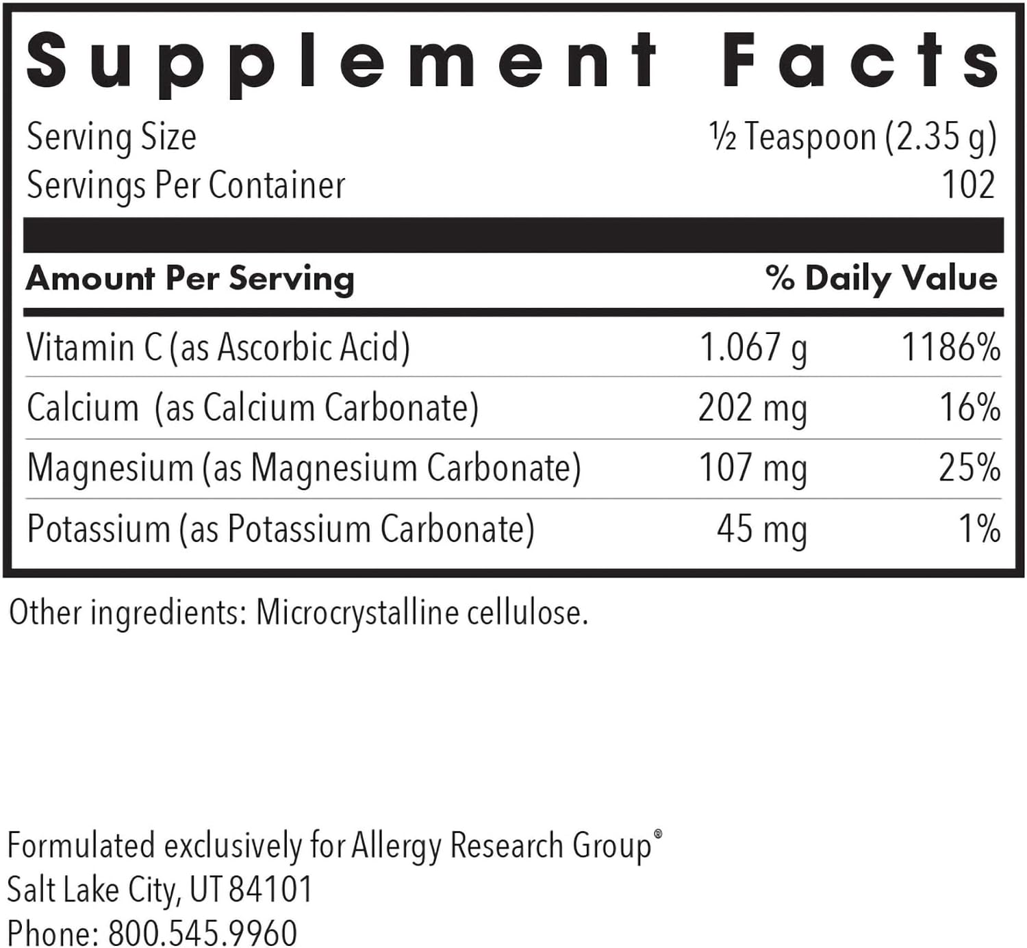 ARG Buffered Vitamin C Powder - Vitamina C Tamponada con Minerales - 102 Porciones - 241 g