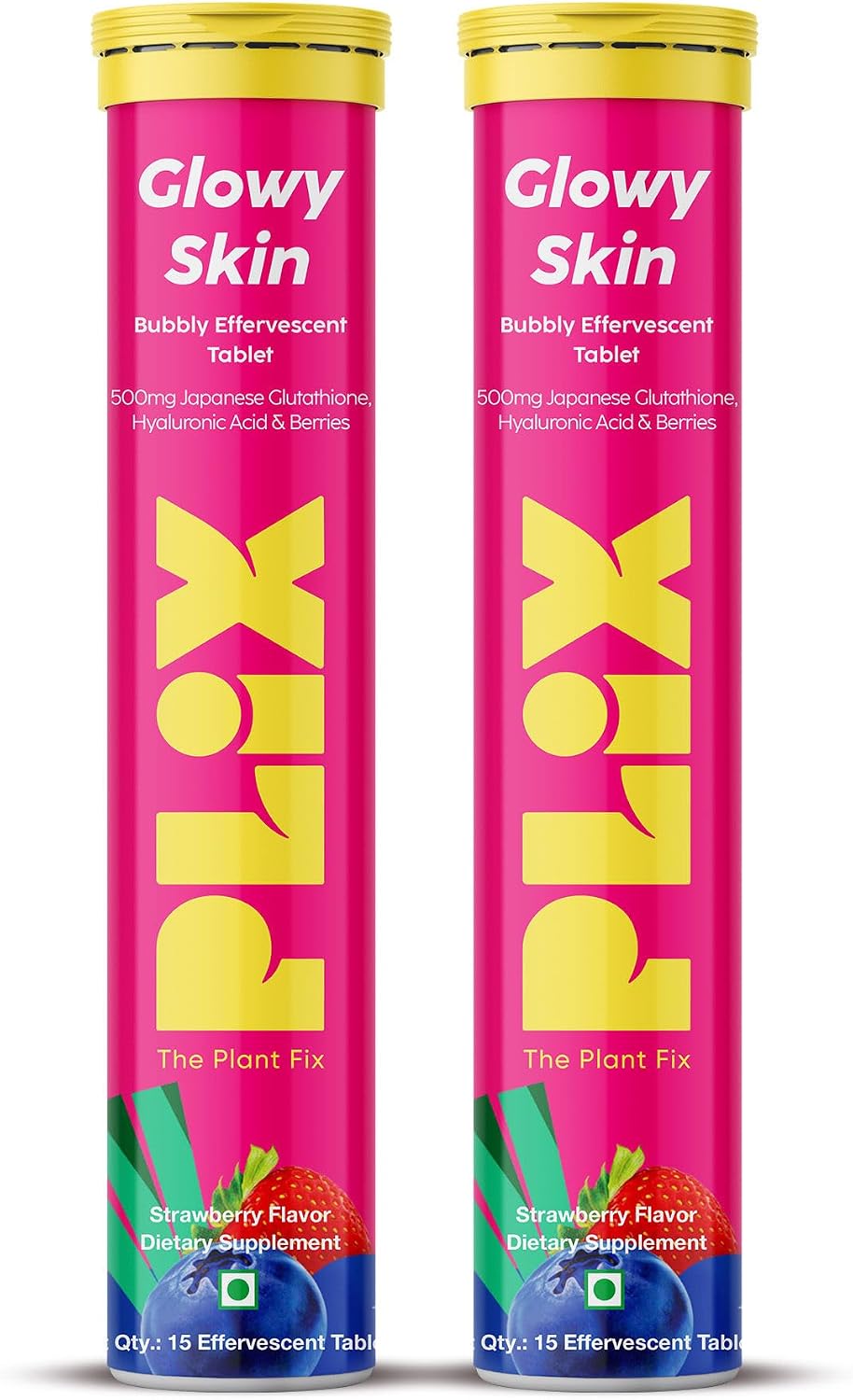 PLIX - THE PLANT FIX Comprimidos de Glutatión con Vitamina C, E y Ácido Hialurónico (Pack de 2, Sabor Fresa) - 500mg L-Glutatión