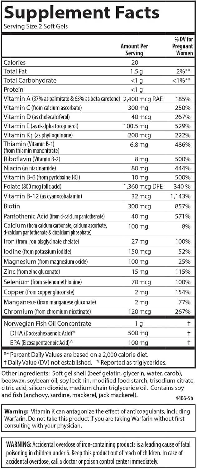 Carlson Prenatal, Multivitamínico con DHA y Vitamina D3, 60 Cápsulas Blandas