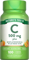 Nature's Truth Vitamina C con Rosa Mosqueta y Bioflavonoides | 500 mg | 100 Caplets | Vegano, Non-GMO y Sin Gluten