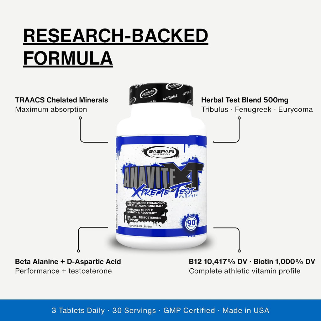 Gaspari Nutrition Anavite XT: Complejo Multivitamínico y Mineral para Hombres, Apoyo al Crecimiento Muscular y Recuperación, Apoyo a la Testosterona, 90 Comprimidos