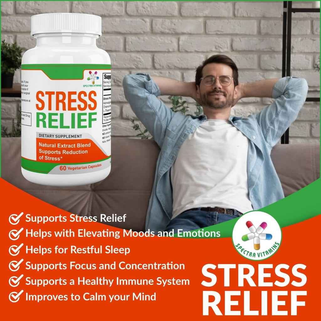 Spectra Vitamins Stress Relief - Suplemento para el estrés con Ashwagandha, L-Teanina y Manzanilla, 60 cápsulas