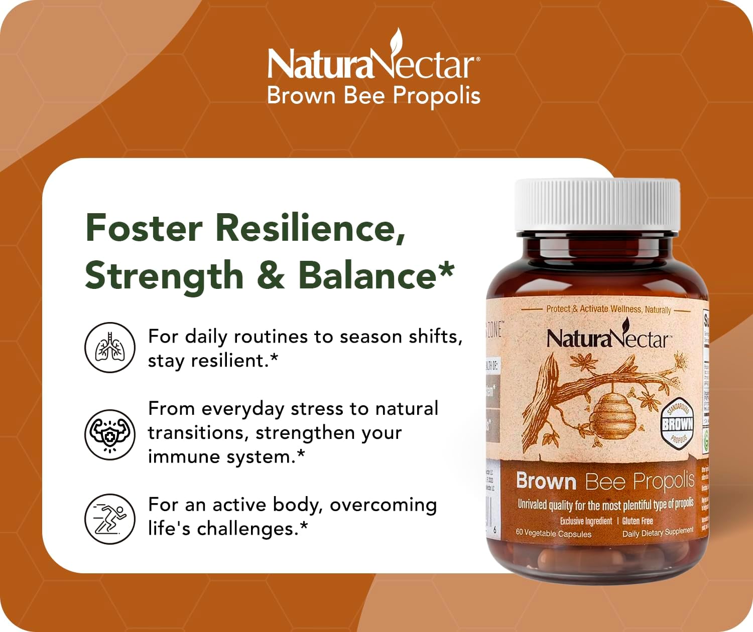NaturaNectar - Brown Bee Propolis - 60 Capsules - NSF Certified - Gluten Free