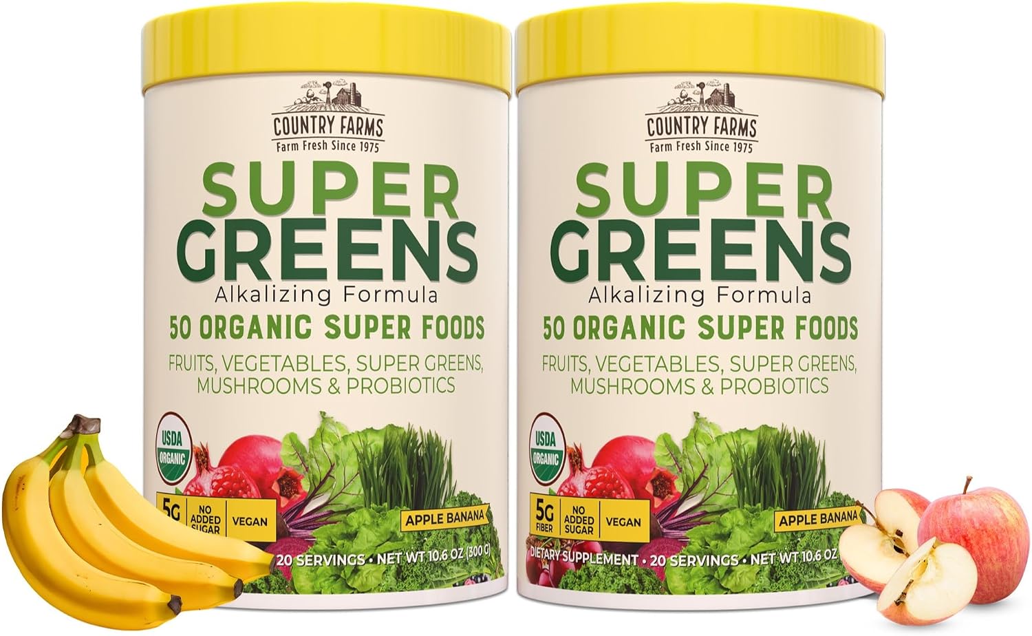 Country Farms Super Greens Apple Banana – Mezcla ecológica en polvo, 40 raciones (2 envases)