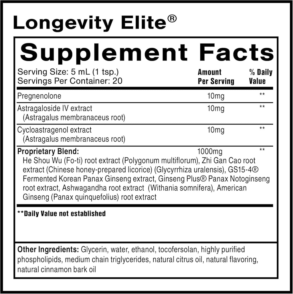 Quicksilver Scientific Longevity Elite — Tónico liposomal de adaptógenos y pregnenolona (100 ml)