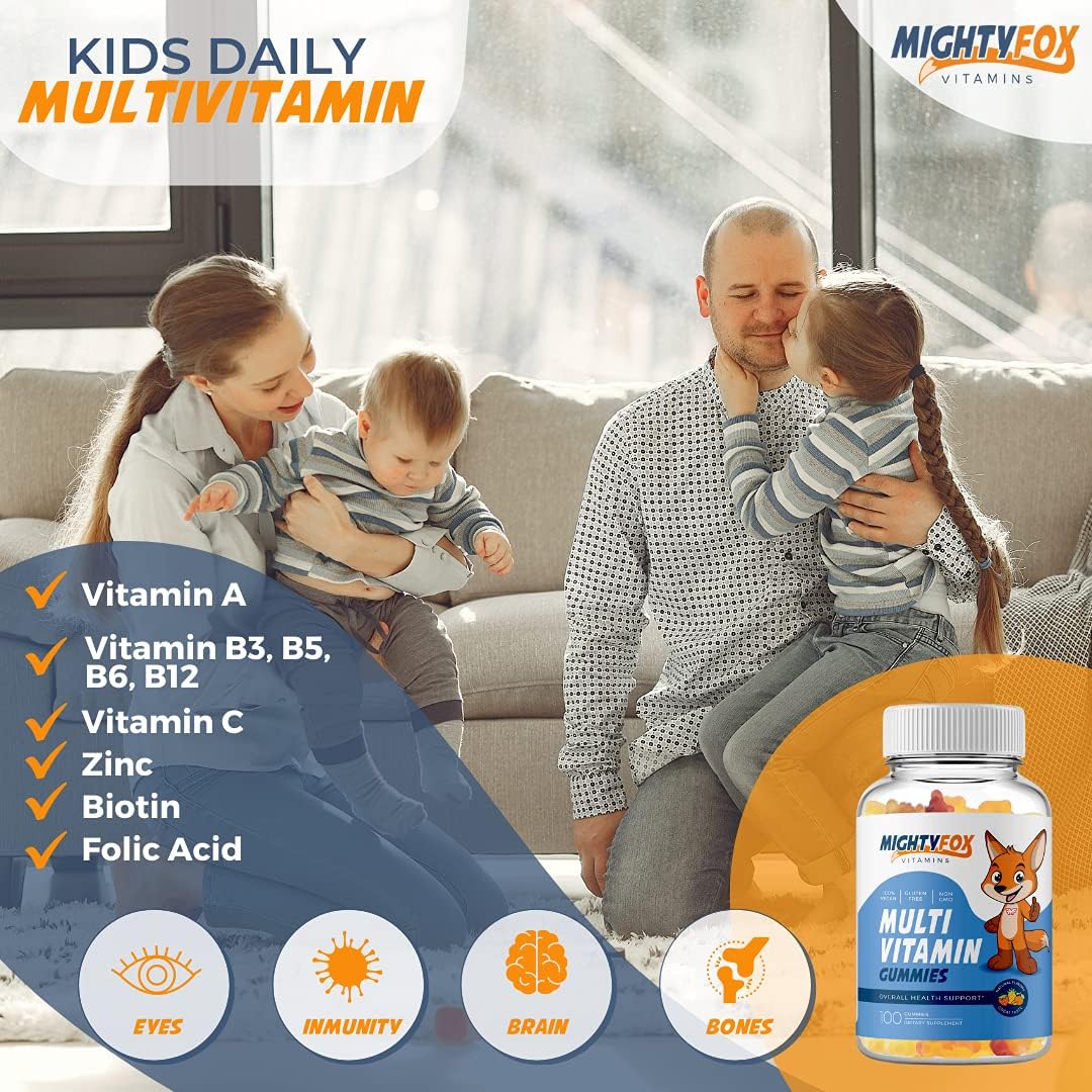 Mighty Fox Vitamins Multivitamínico en Gominolas para Niños - Sin OGM, Sin Gluten, Vegano (100 Gominolas, Paquete de 2)